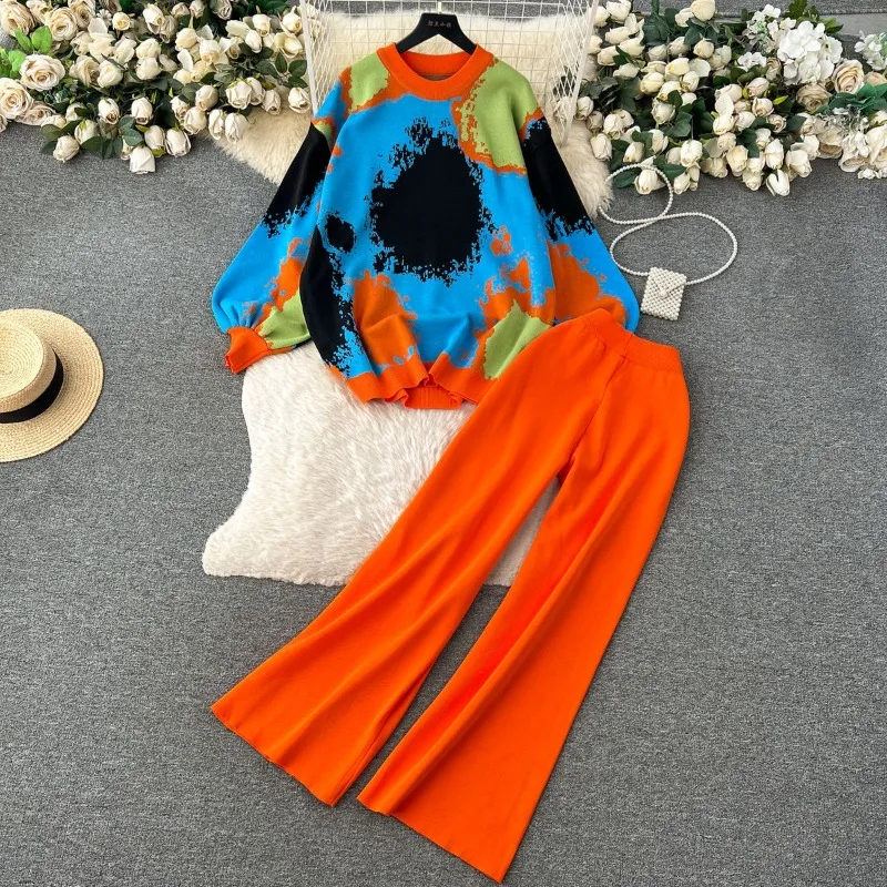 

New Fashion Print Set Women's Knitwear Loose Pullover Sweater Wide Leg Pants Women's