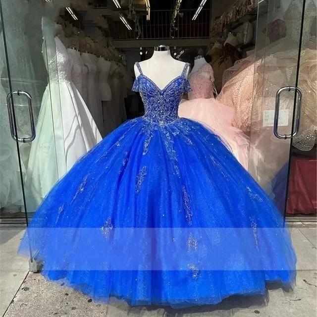 

Glittering Royal Blue Spaghetti Straps Quinceanera Dresses 15 Years Old Fashion Beading Lace Formal Princess Birthday Party Gown