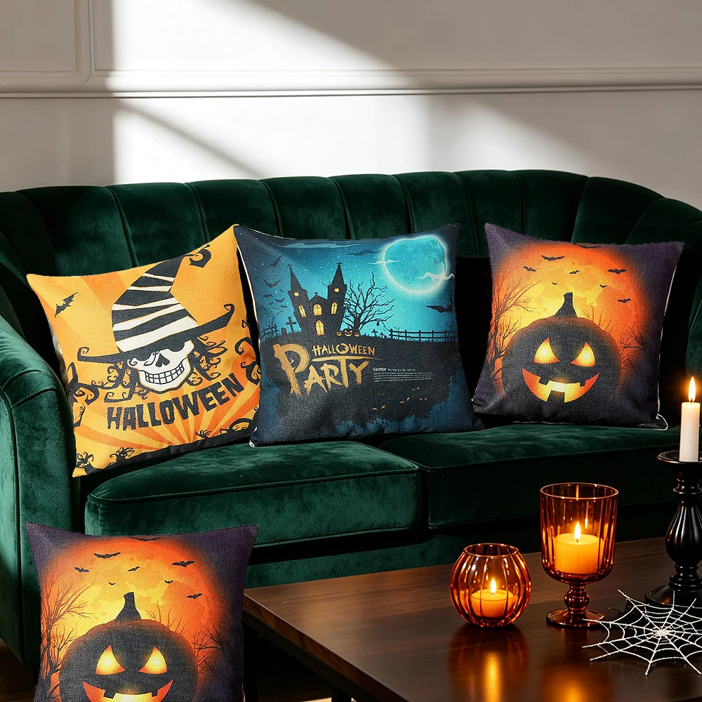 1pc Halloween Themed Linen Pillowcase, Sofa Bolster Pillowcase, Halloween Bat Castle Pumpkin Element Pillowcase (No Pillow Core)
