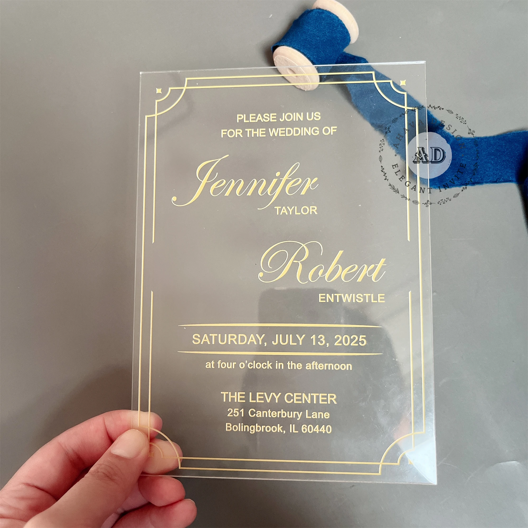 Custom Gold Acrylic Wedding Invitation With Envelope, Transparent Invites, Natural Design Invitation, White Invites