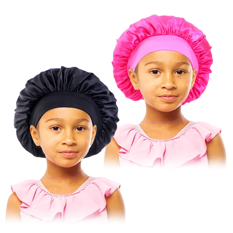 2PCS/LOT Kids Girls Boys Satin Night Sleep Cap Wide Band Elastic Turban Headwear Bonnet Hair Care Beanie Nightcap Scarf Bandana