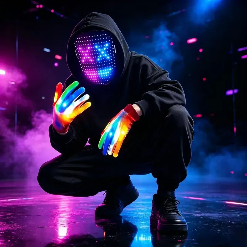 Cross-border hot sale LED full-color face-changing luminous mask luminous gloves set Halloween Cosplay party props