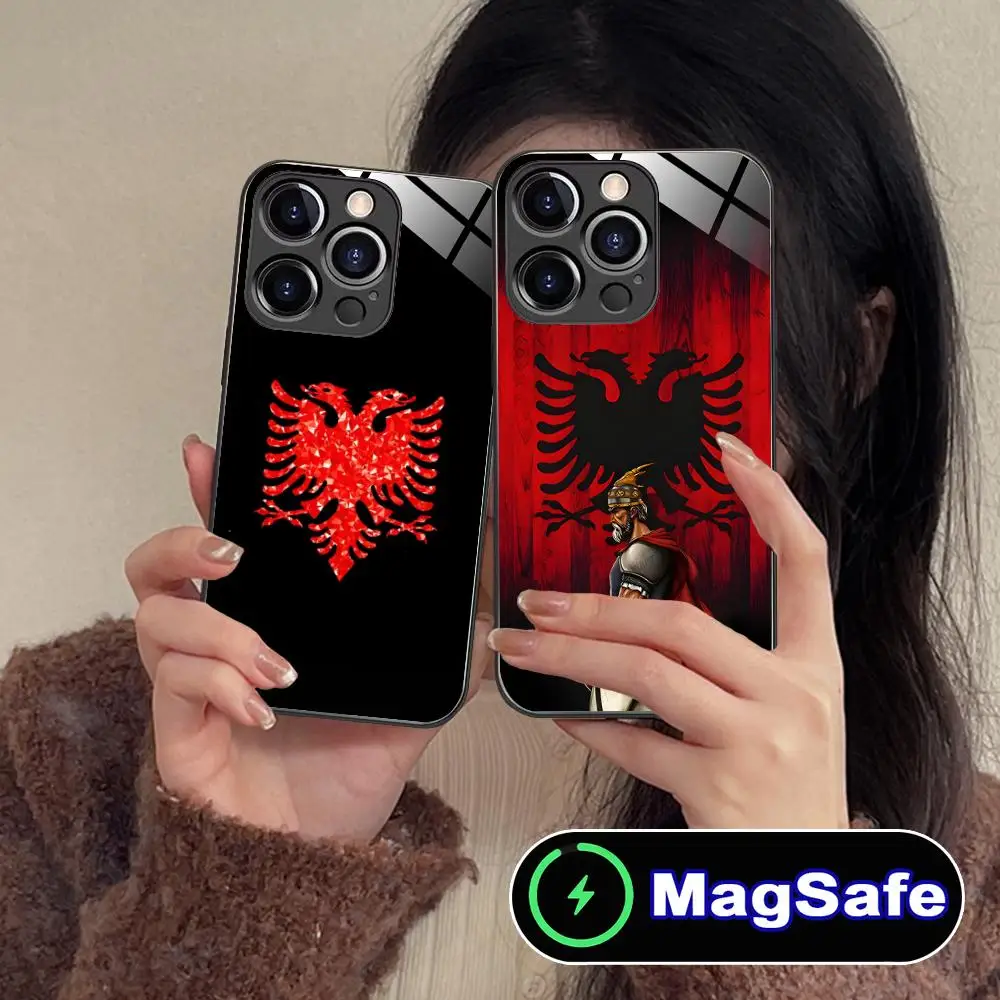 

Чехол для мобильного телефона с флагом Албании для iPhone 17, 16, 15, 14, 13, 12, 11 Air Pro Max Plus Mini MagSafe, стеклянный цветной чехол