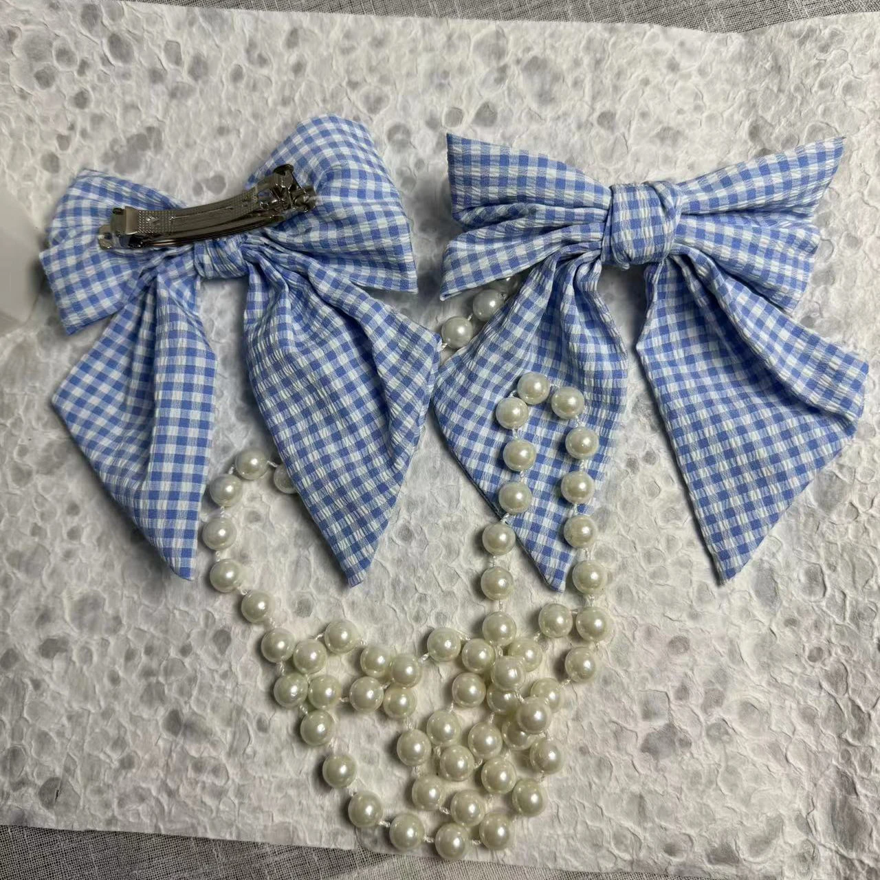 Blue Color Plaid Cute Satin Cloth Ribbon Hair Bows Barrettes French Coquette Bow Hair Clips for Women Girls