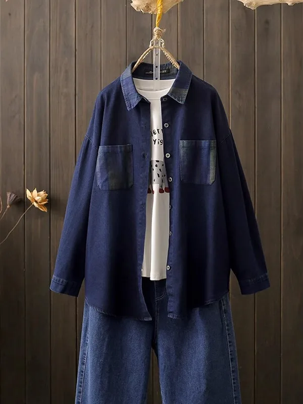 

Spring Autumn plus Size 200 Pounds Collared Vintage Denim Long Sleeve Women's Shirt Loose Slimming Belly Covering Shirt Jacke...