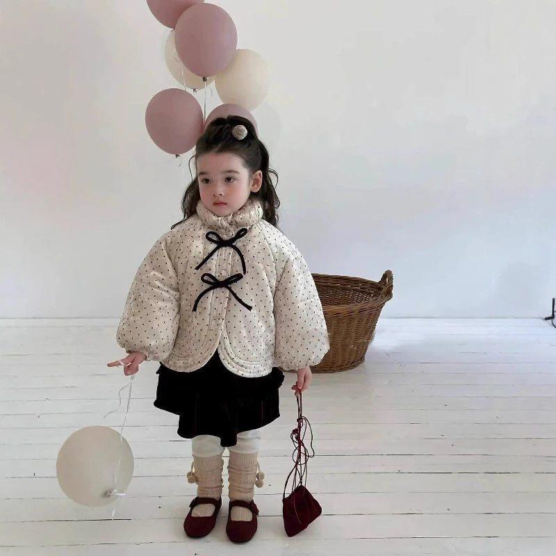 

2025 Winter Style Western Children's New Wave Point Clamp Cotton Thickened Warm Bow Button Cotton Jacket