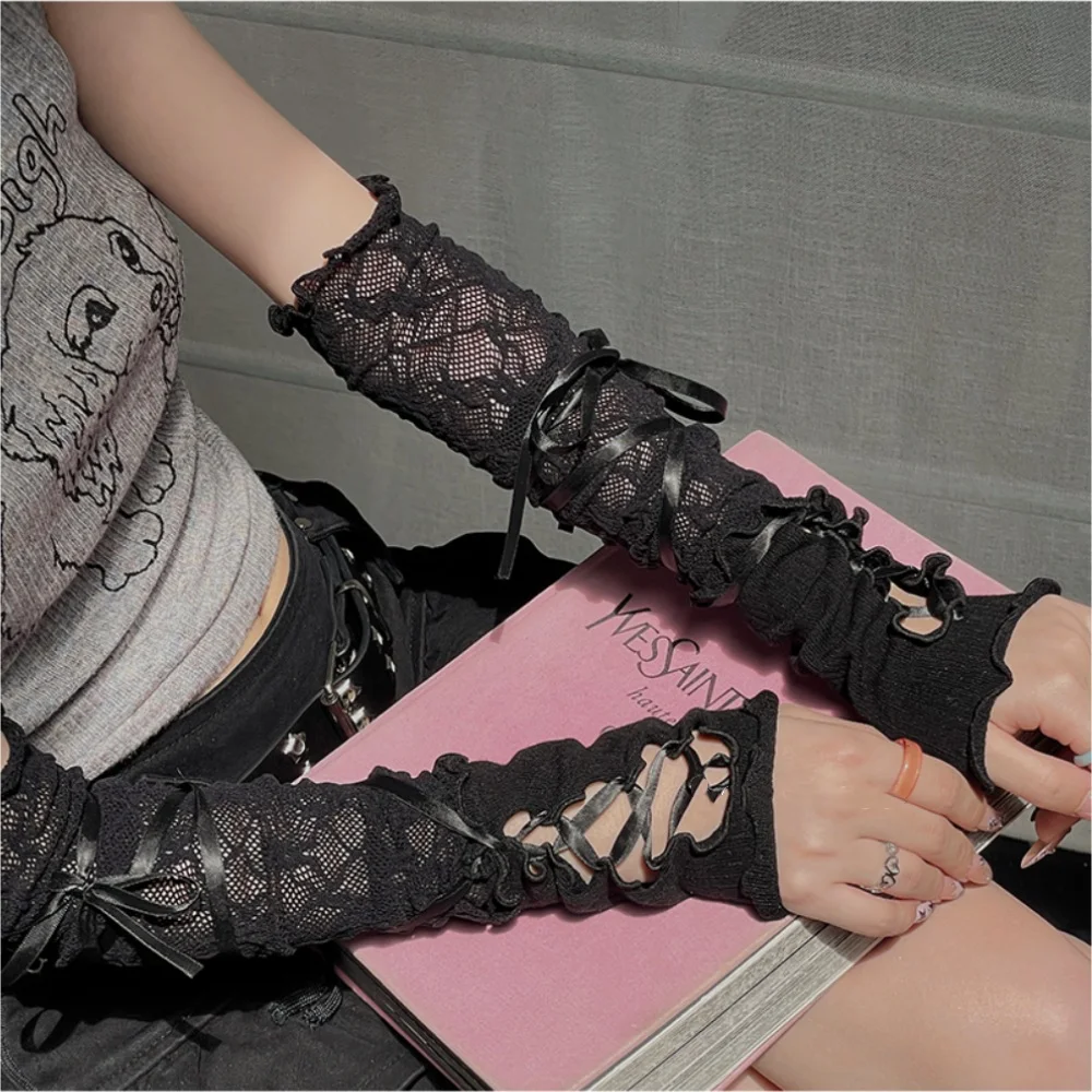 Y2K Ballet Style White Lace Sleeves Women Lolita Jk Fingerless Gloves Gothic DIY Strapping Sunscreen Sleeve Clothing Accessories