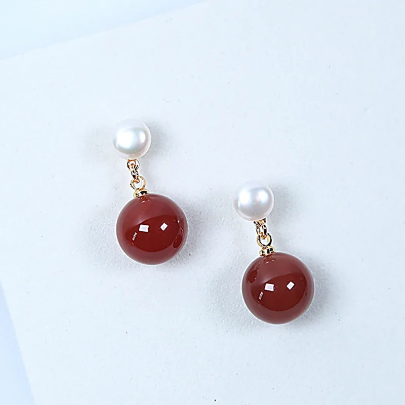 New Year Red Freshwater Pearl Red Agate Tiger's Eye Earrings Temperament Internet Celebrity Fashion Natal Year Festive Studs