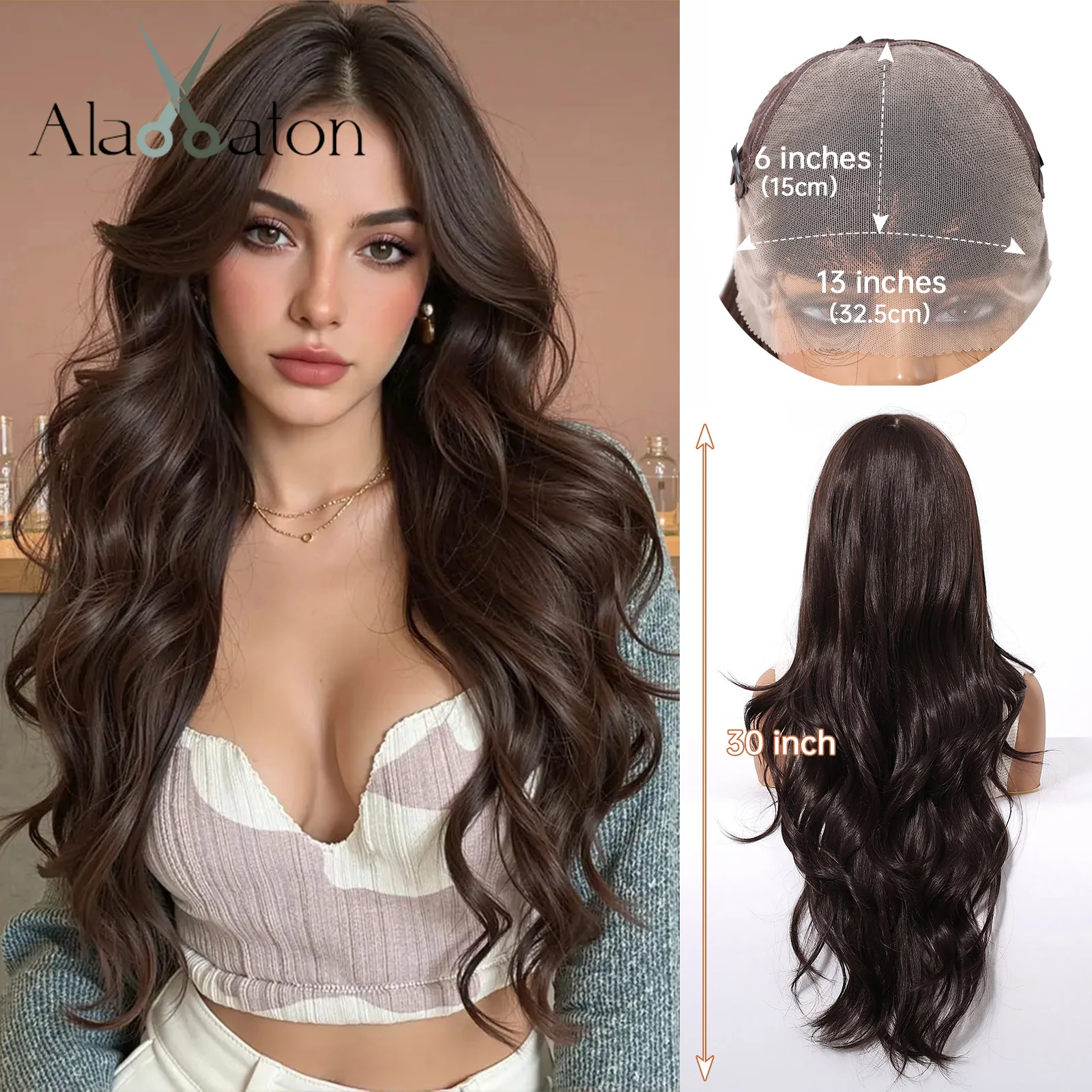 Long Wavy Dark Brown Wigs 13*6 Lace Frontal Synthetic Wigs for Women 30 Inches Brown Natural Hair Free Part Heat Resistant Wigs
