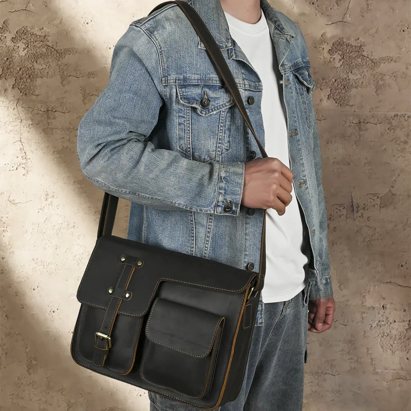 

LD-Men's top layer cowhide shoulder bag, genuine leather with high-end feel, crazy horse leather crossbody bag