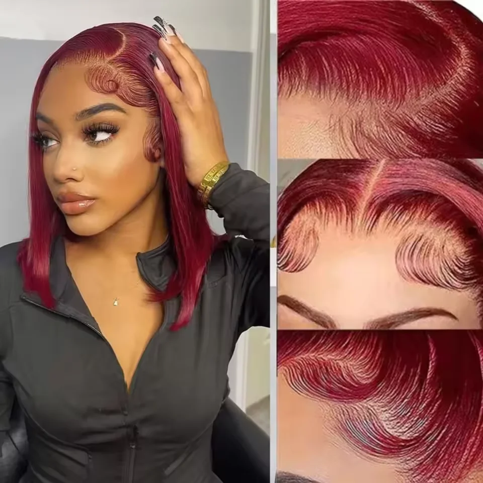 

8-14Inch 99J Red Straight Bob Wig Part Lace Front Human Hair Wig For Women Pre Plucked Glueless 99J Burgundy Colored Bob Wig