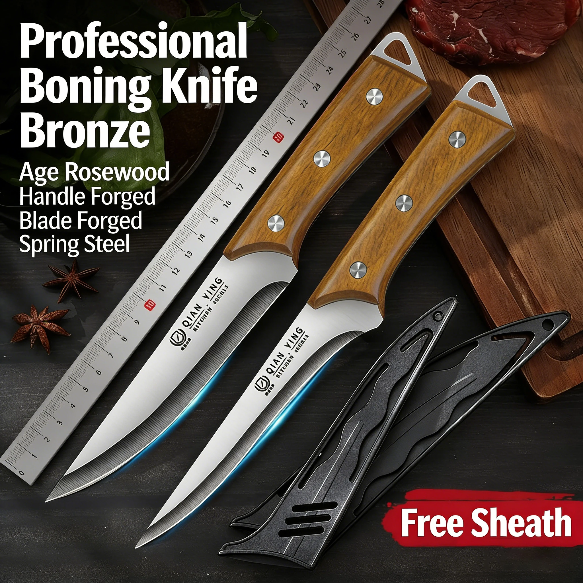 Stainless steel multi-purpose carving knife with blade guard, professional kitchen steak knife with wooden handle, fruit knife