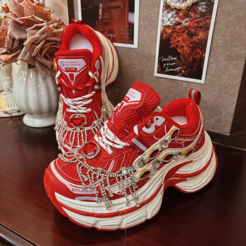 2026 New Spring Red Chunky Dad Sneakers Women Elevator Soft Sole Casual Sports Shoes Fashion Rhinestone Tassel