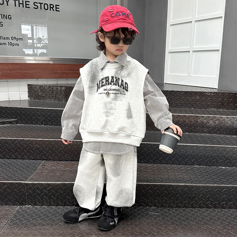 Autumn Outfit Children's fashion Set  Boys Knitted Vest + Shirt + Pants 3pcs Set Casual Brand Print Graphics Kids Set 2-12 Year