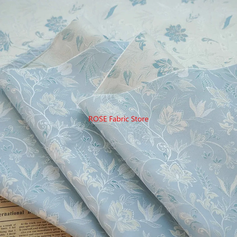 Elegant Blue Flower Yarn Dyed Jacquard Fabric Women's Spring Summer Dress Cheongsam Bag Diy Sewing Fabric 100cmx165cm