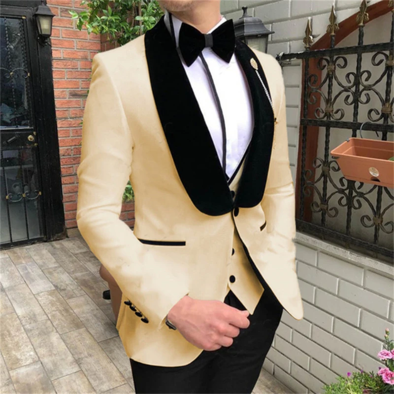 

Men Suit 3 Pieces Champagne With Black Lapel Business Casual For Wedding Groom Banquet Work Tuxedos Set Jacket Vest With Pants