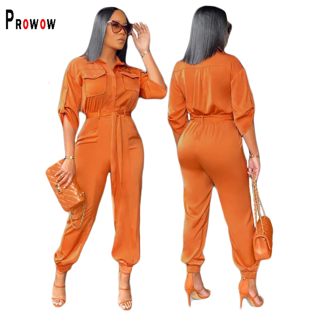 

Prowow Fashion Orange Women's Jumpsuits Pockets High Waisted Slim Fit Safari Style One-piece Female Overalls Long Sleeve