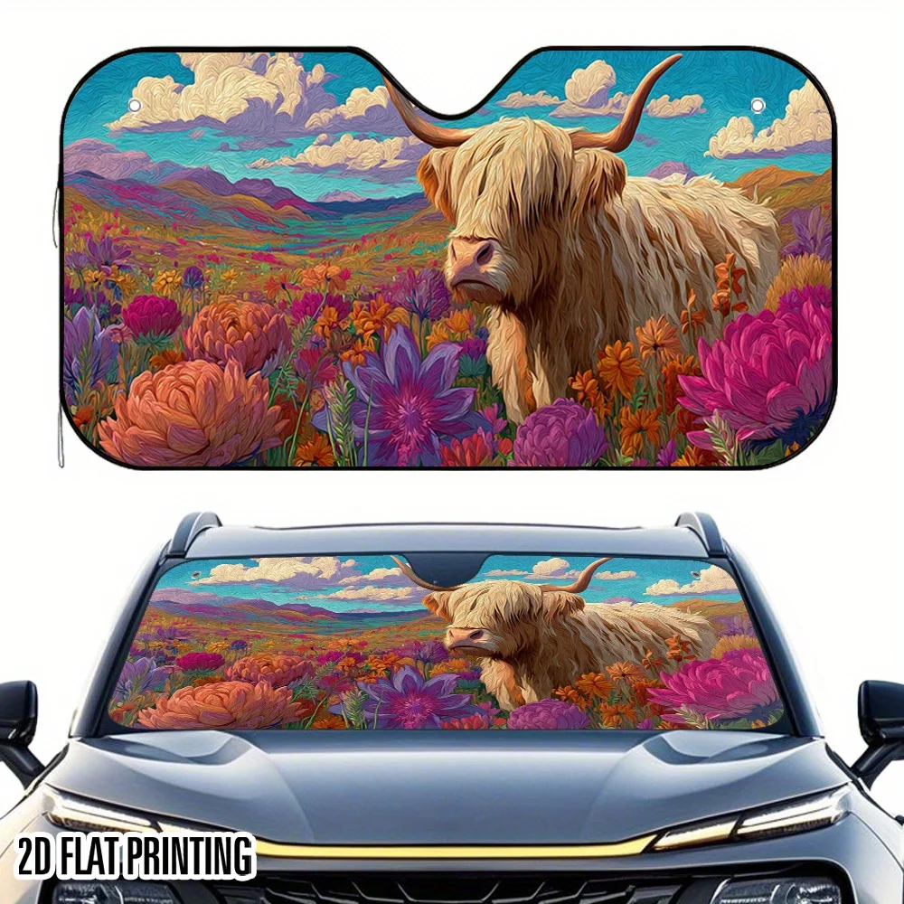 

1pc Highland Cow Floral Scotland Car Sunshade - UV Blocking, Heat Reduction Window shade with 4 Strong Suction Cups
