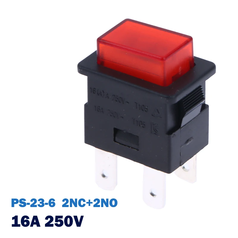 16A 4 Pins Locked Push Button Electrical Rocker Switch With LED Light Red Heater Touch Switch 250V PS-23-16