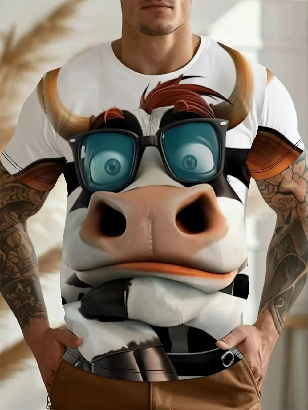Funny Men's Short-Sleeved T-Shirt 3D Humorous Cow Graphic Printing Casual Stylish Summer Round Neck High Quality Men's Clothing