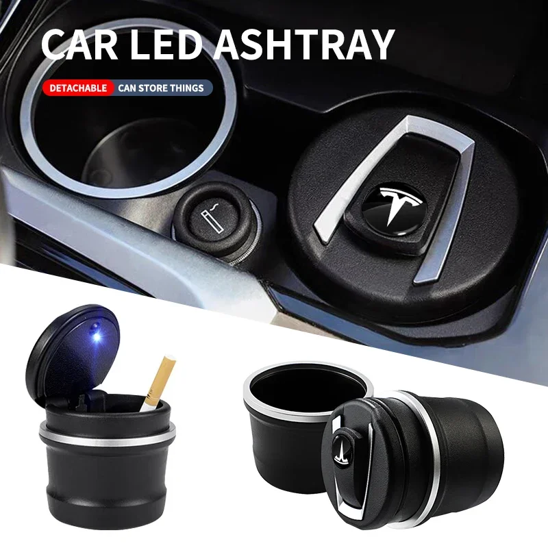 Car ashtray deodorant smoke-free box LED light portable detachable interior accessories For Tesla Model 3 Model X S 2016-2020