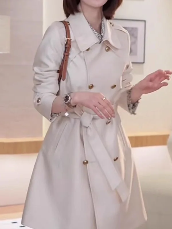 

Double-Row Button Sle Women's Long Coat Spring Autumn Versatile plus Size Slimming Trendy Korean Version Commute Straight Cut