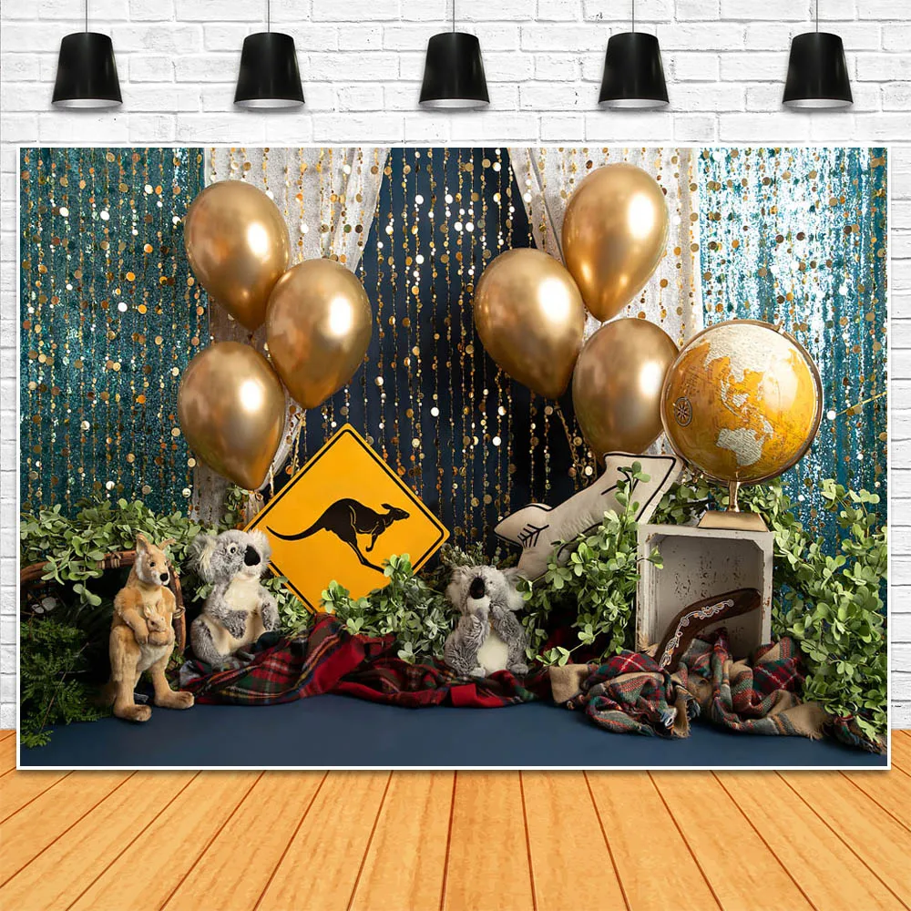 Mocsicka Photography Background Gold Sequin Curtain Balloon Kangaroo Koala Baby Kids Photo Backdrop Cake Smash Party Decorations