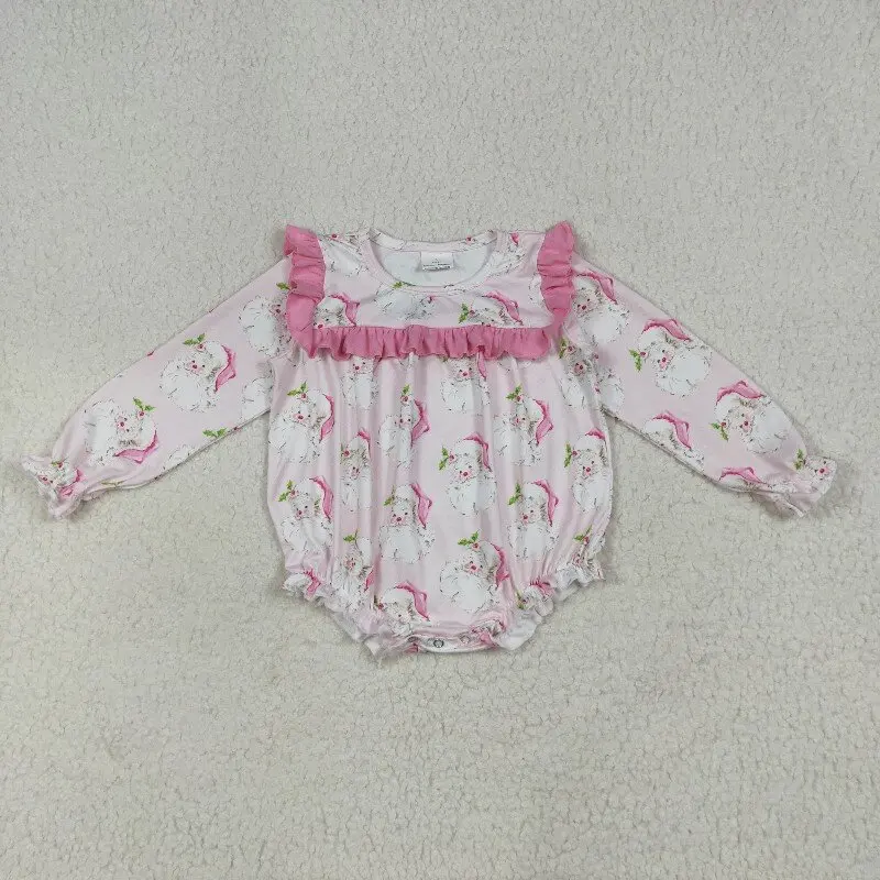 

Santa Claus Theme Christmas Baby Girls Rompers Pink Lace Long Sleeve Onesie Wholesale Holiday Outfit for Infants