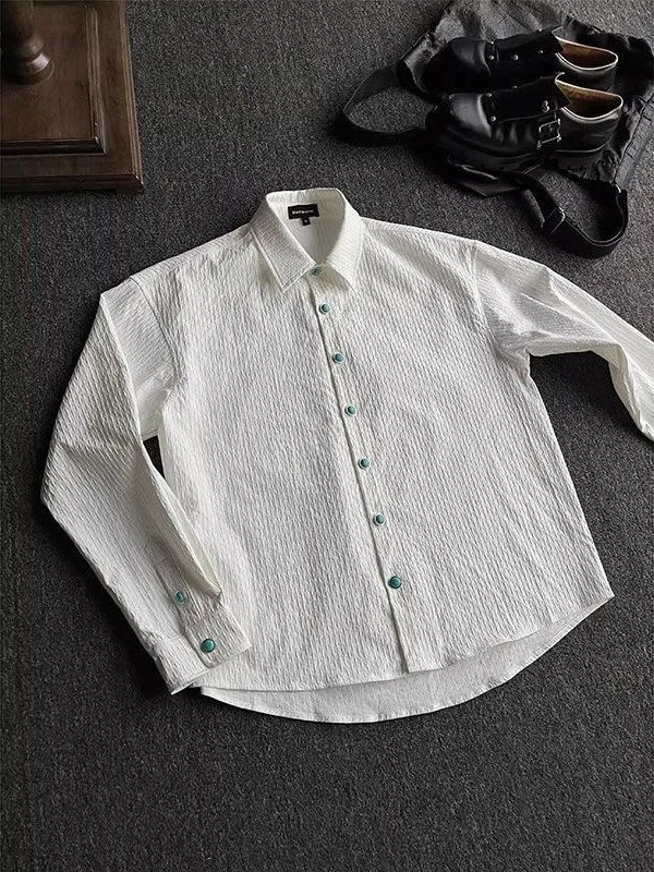 

Мужская высококачественная рубашка с длинным рукавом, текстурированная, плиссированная, бирюзовая, осенняя верхняя одежда свободного кроя на пуговицах, из полиэфирного волокна, молодежная, повседневная