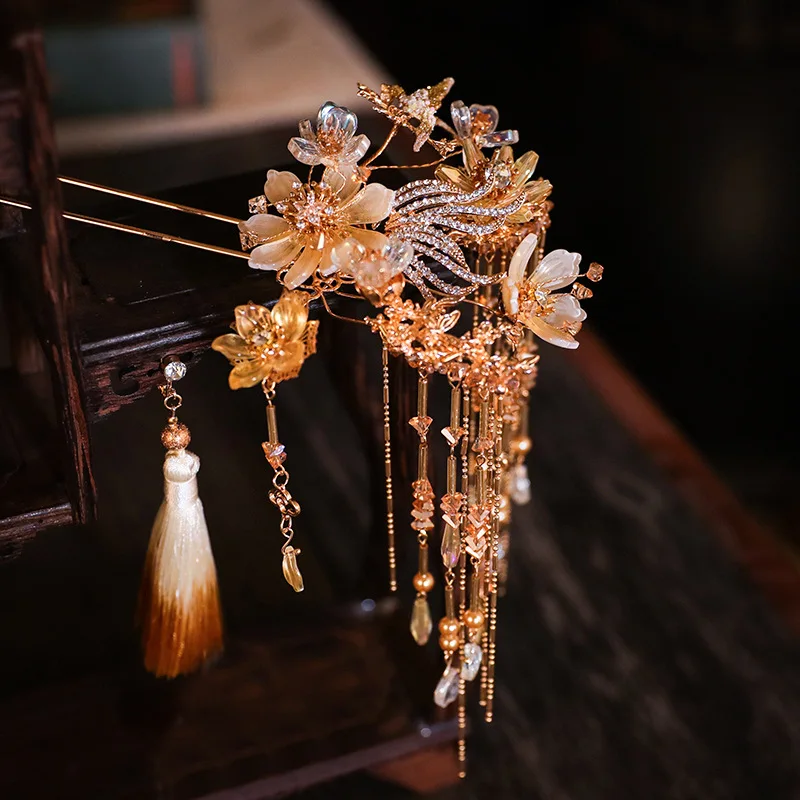 고대와 드레스 신부 머리 장식 수 놓은 긴 소매 프린지 머리 장식 Xiuhe 드레스 새로운 중국어 웨딩 드레스 액세서리