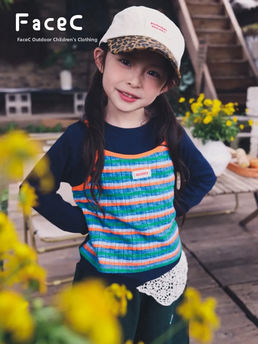 Outdoor Children's Long Sleeve T-Shirt Striped Base Layer Shirt for Girls Spring Autumn Style Mountain Series Slim Fit Cotton...