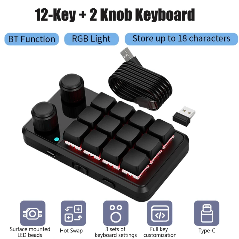 Programming Macro Custom 12 Keys 2 Knob Keyboard RGB Copy Paste Mini Button Photoshop Gaming Keypad Mechanical Hotswap Macropad