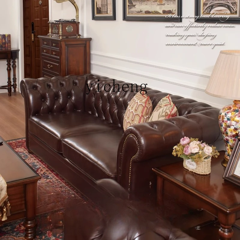 

leather sofa rural simple retro small apartment solid wood first layer cowhide sofa combination three people