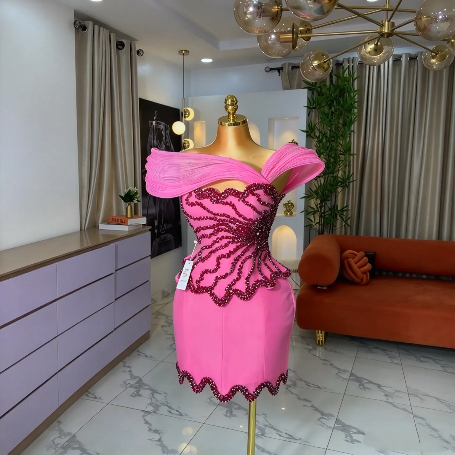 Elegant Pink African Short Prom Gown One Shoulder Beaded Sequins Peplum Evening Dress  Birthday Cocktail Dress Customized