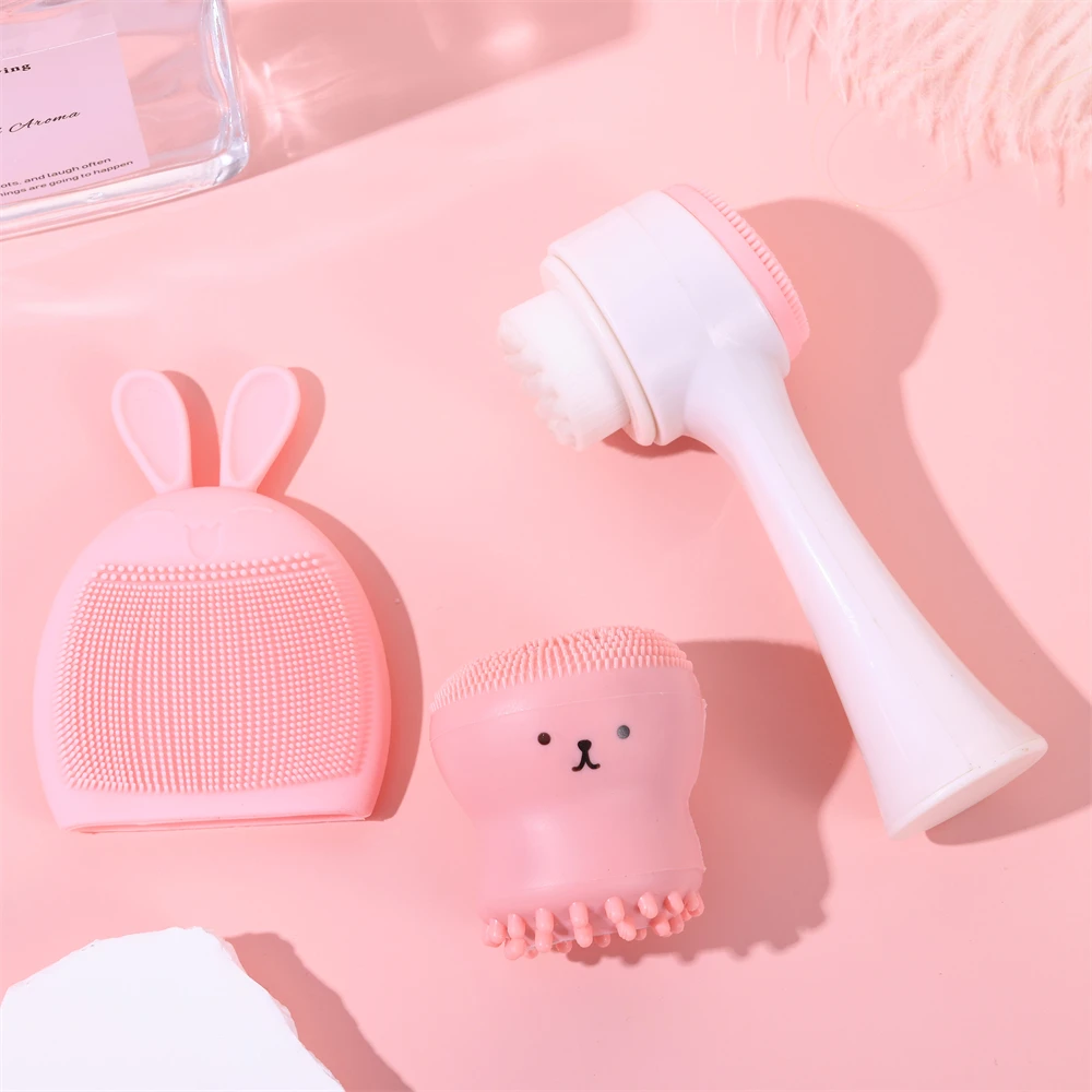 Face wash and massage tool set: 1 with handle, 1 rabbit shape, 1 octopus shape, face wash brush (3 pieces)