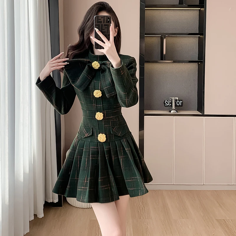 New Autumn Winter Plaid Wool Stand Collar Party Mini Dress Sweet Women Chic Big Bow Gold Buttons High Waist Slim Short Vestidos