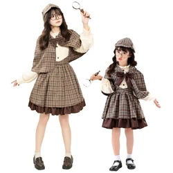 Adult & Kid Detective Sherlock Cosplay Costume British Style High Collar Long Sleeve Dress Reasoning Game Women Halloween Dress