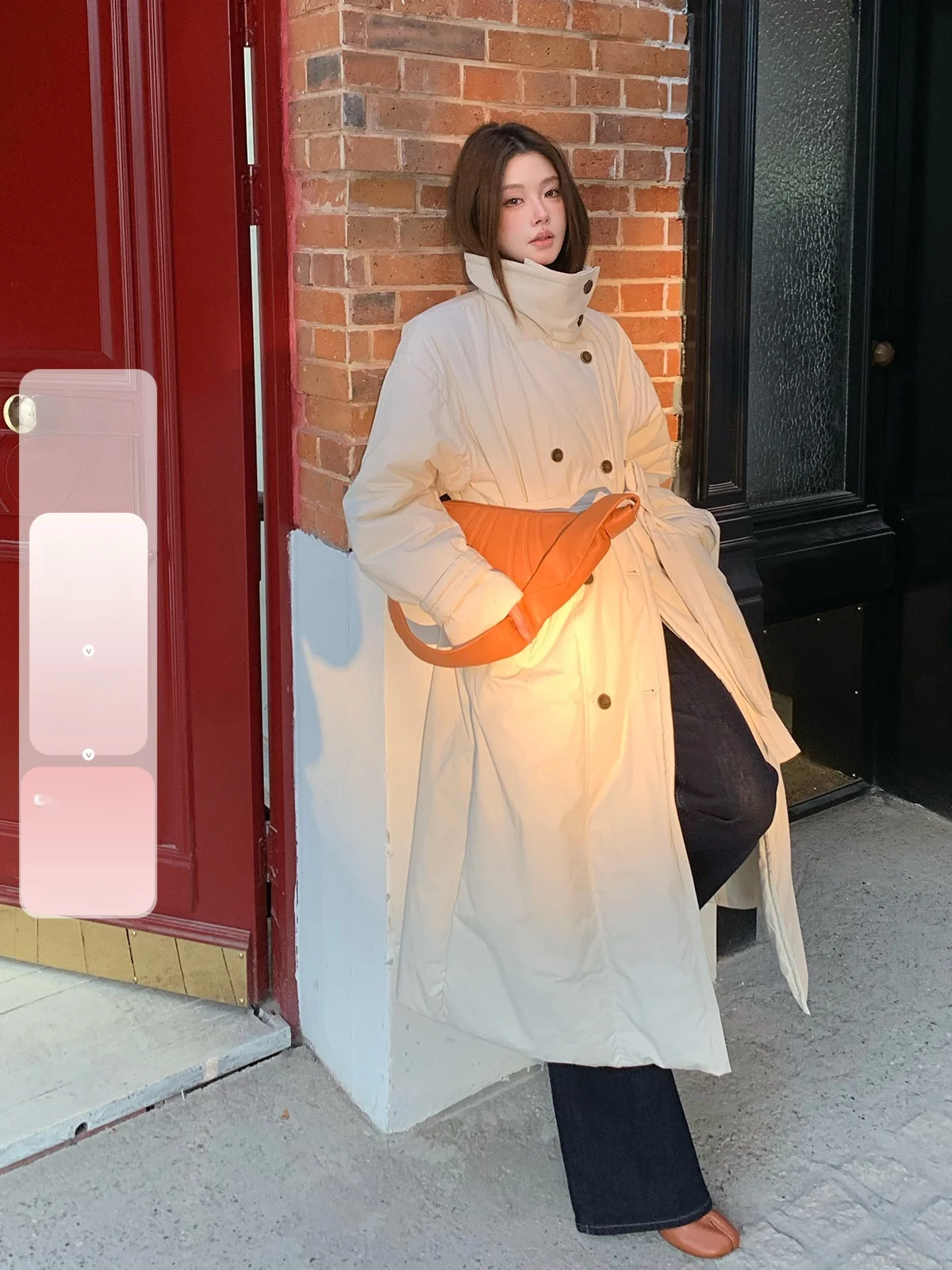 

Lema Long Cotton Jaet Stand Collar Street Sle Women's Winter New Thiened Coat Double Button Pure Color Loose Fit Coat