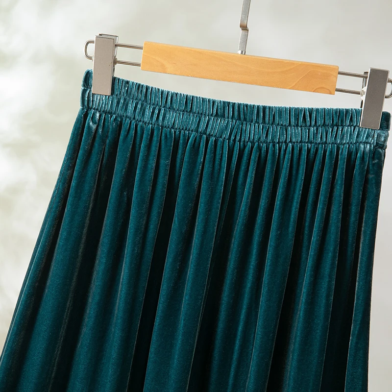 100% Mulberry Silk Lining Velvet Silk Women Midi Skirt A-Line Green Elastic Waist Ruffles-hemline Skirts Office Lady QQ058