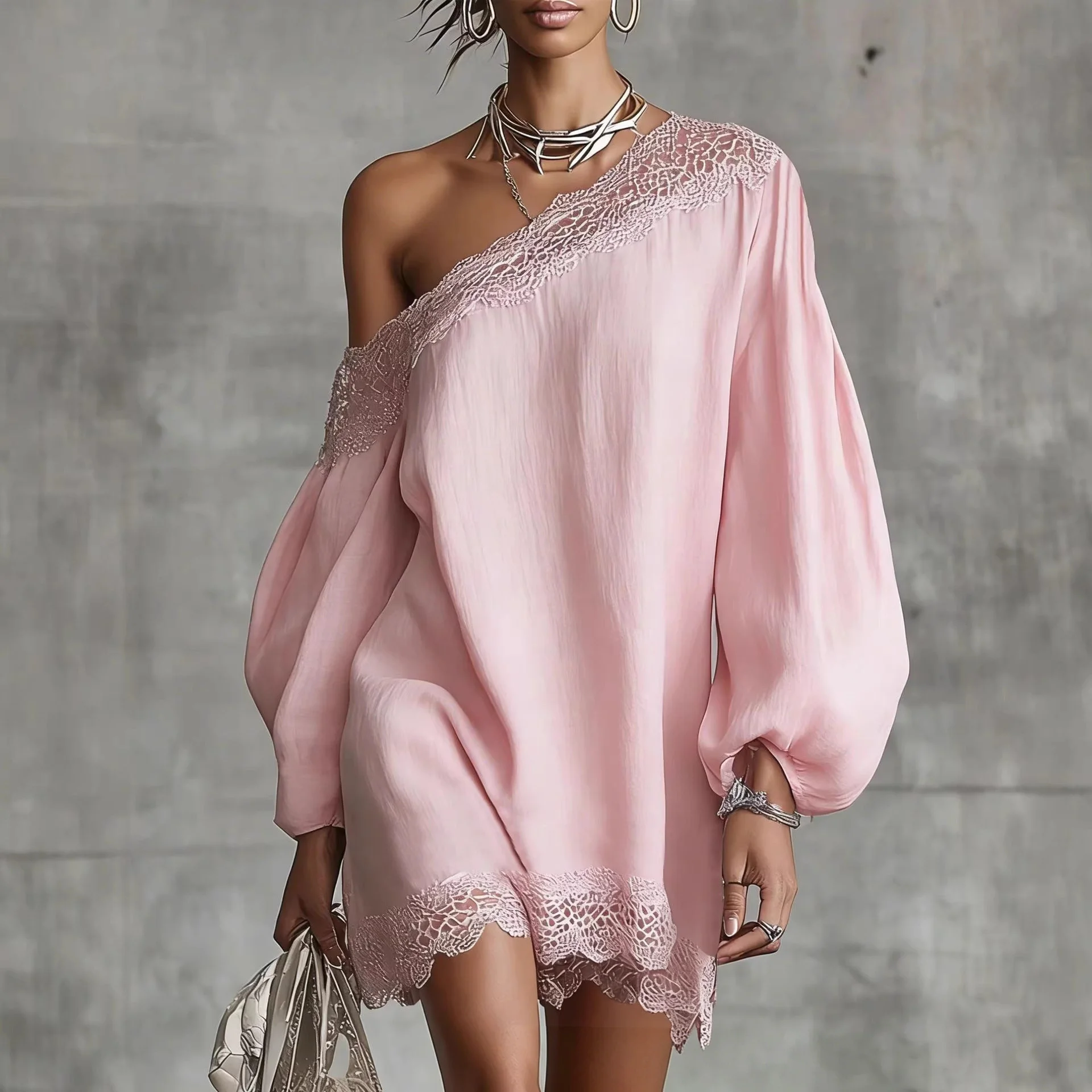 Spitzenbesetztes One-Shoulder-Minikleid mit langen Ballonärmeln, locker sitzende Boho-Tunika, lässiges Off-Shoulder-Sommer-Strandkleid für Damen