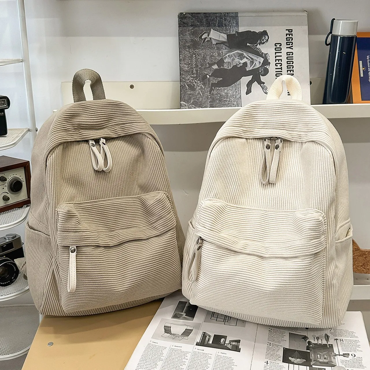Striped corduroy student schoolbag, solid color, outdoor, men's travel computer backpack, simple design, women's backpack