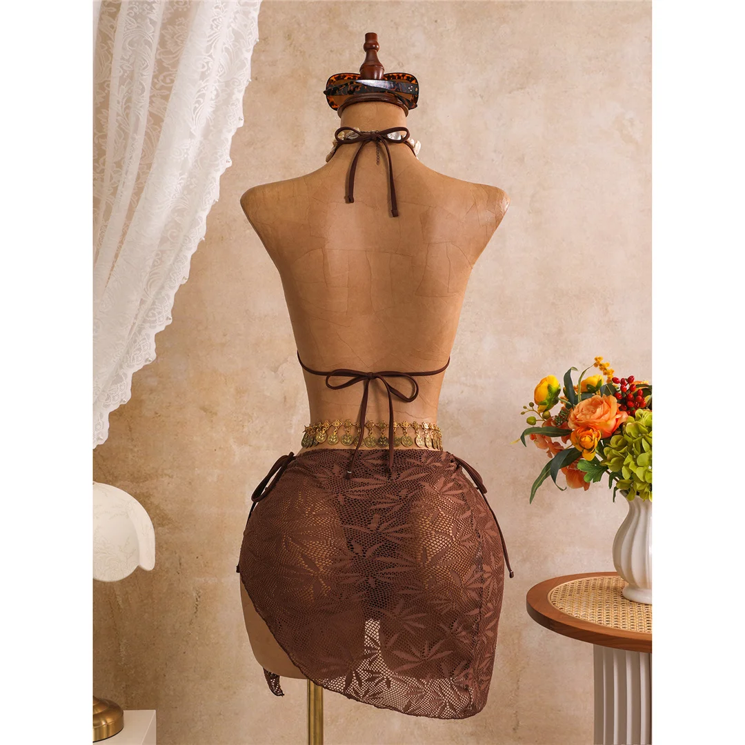 Mit Sarong-Blättern bedruckter Neckholder-Bikini, Damen-Badeanzug, dreiteiliges Bikini-Set, Badebekleidung, Badeanzug, Schwimmanzug V8367 – Detail 22