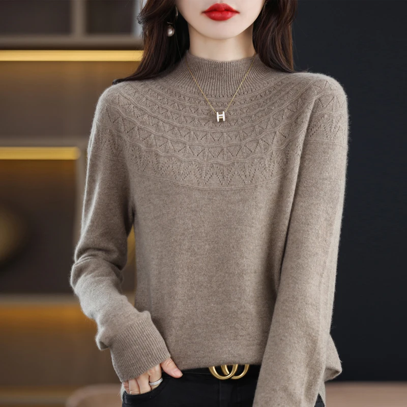 Spring And Summer New Pure Wool Thin Sweater Round Neck Hollow Ladies Long Sleeve Loose Commuter Joker Pullover