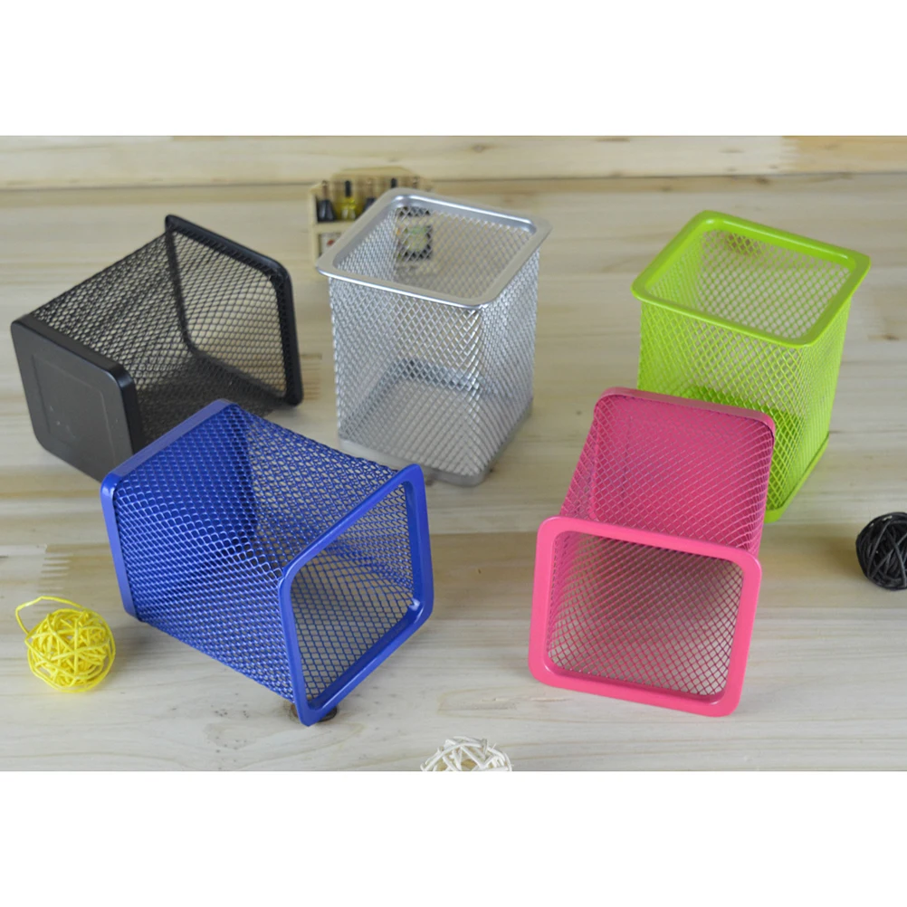 

2pcs Metal Hollow Pen Holder Pencil Container Blue Square Lightweight Office Stationery Sturdy Structure