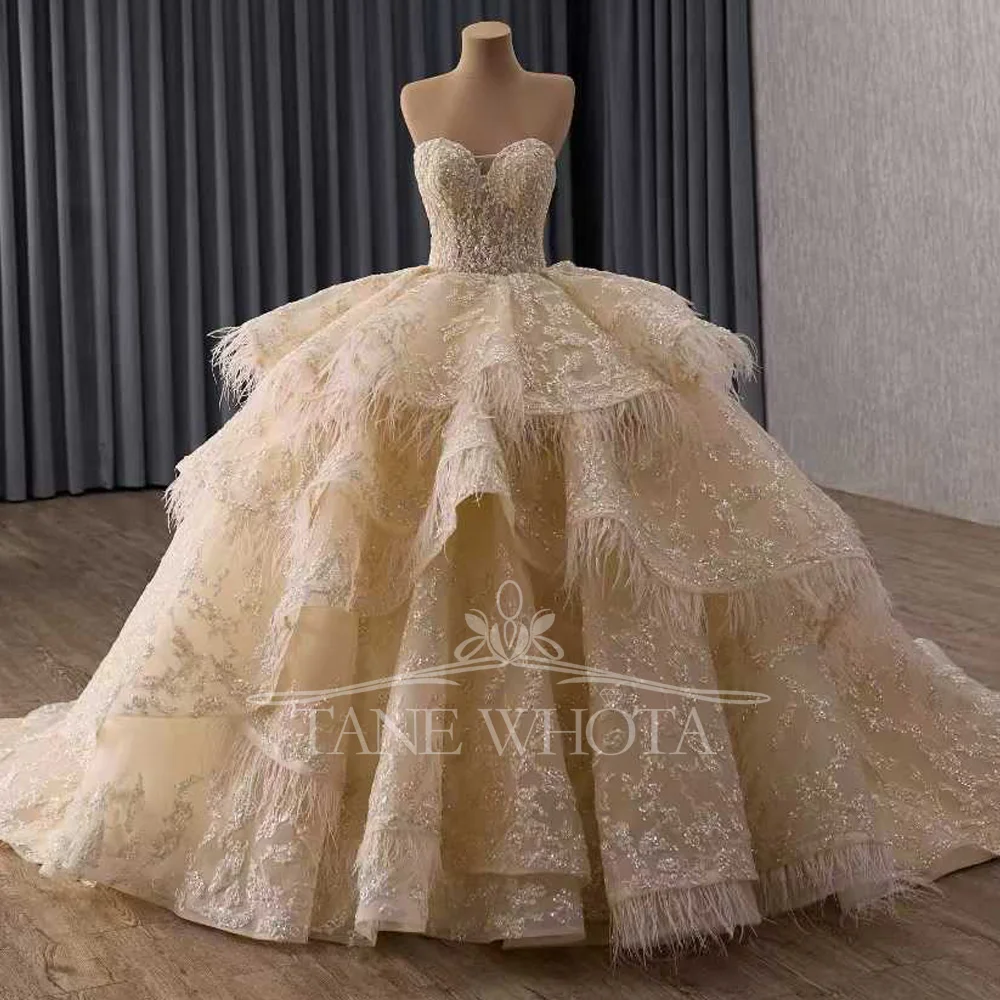 Champagne Color Customizable Evening Gown Women's Sweetheart Sleeveless Lace Up Back Sequined Tiered Luxury Dress