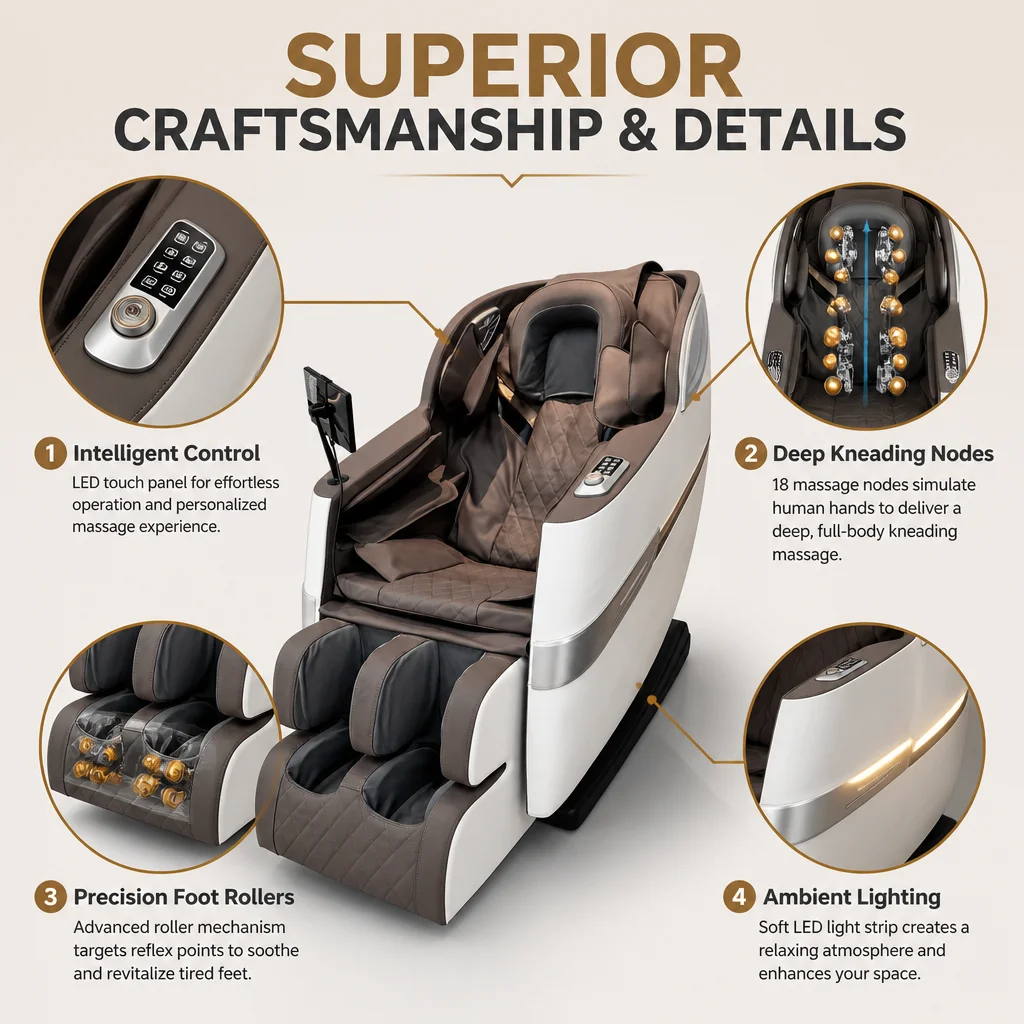 Luxury AI Massage Chair Full Body HiFi Music Heating Ambient Light PU Leather Zero Gravity Shiatsu Rolling Full Body Massager