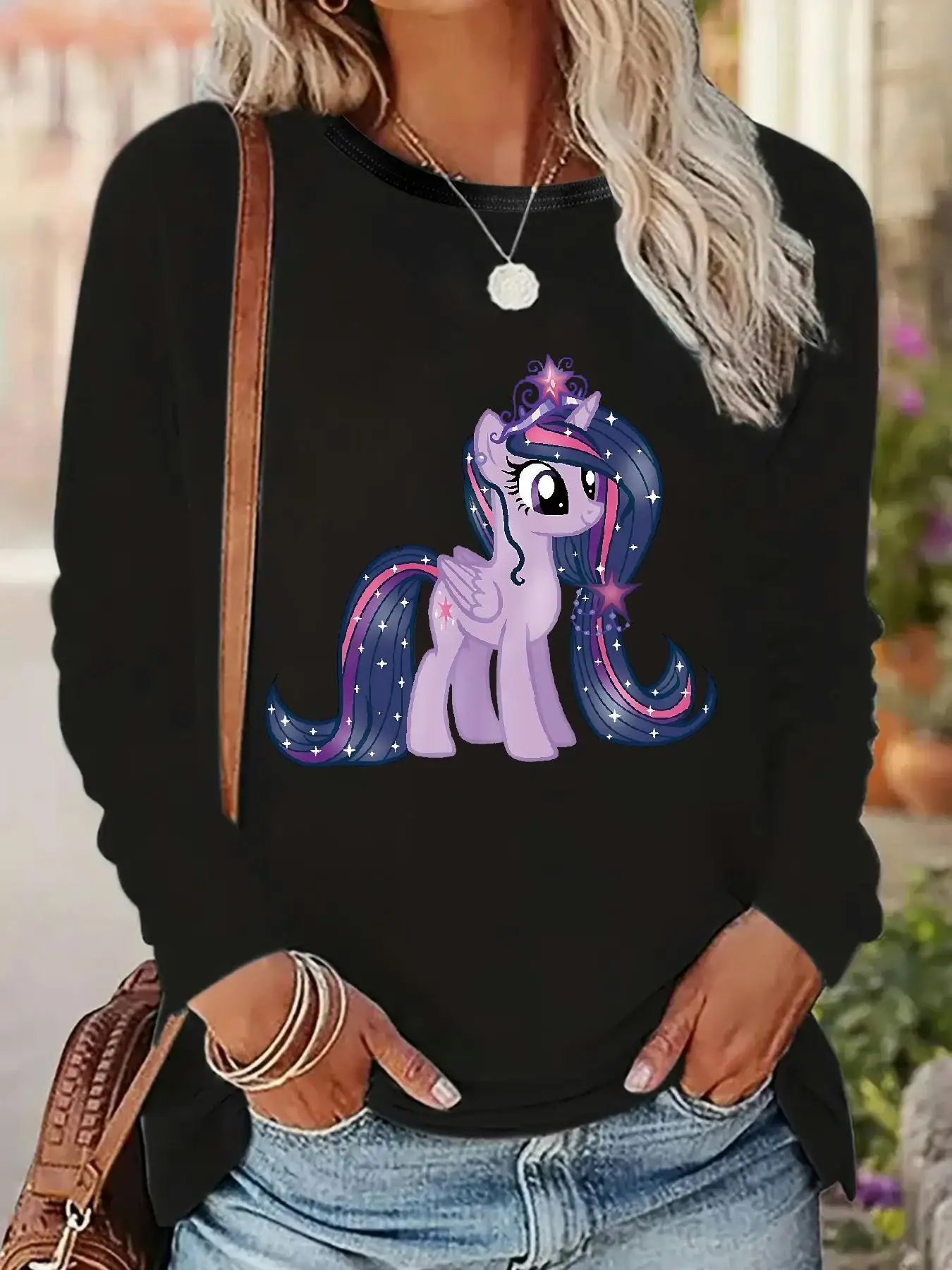 Sudadera blanca de manga larga con cuello redondo y estampado de My Little Pony Princess Twilight Sparkle, estilo informal, estilo de dibujos animados