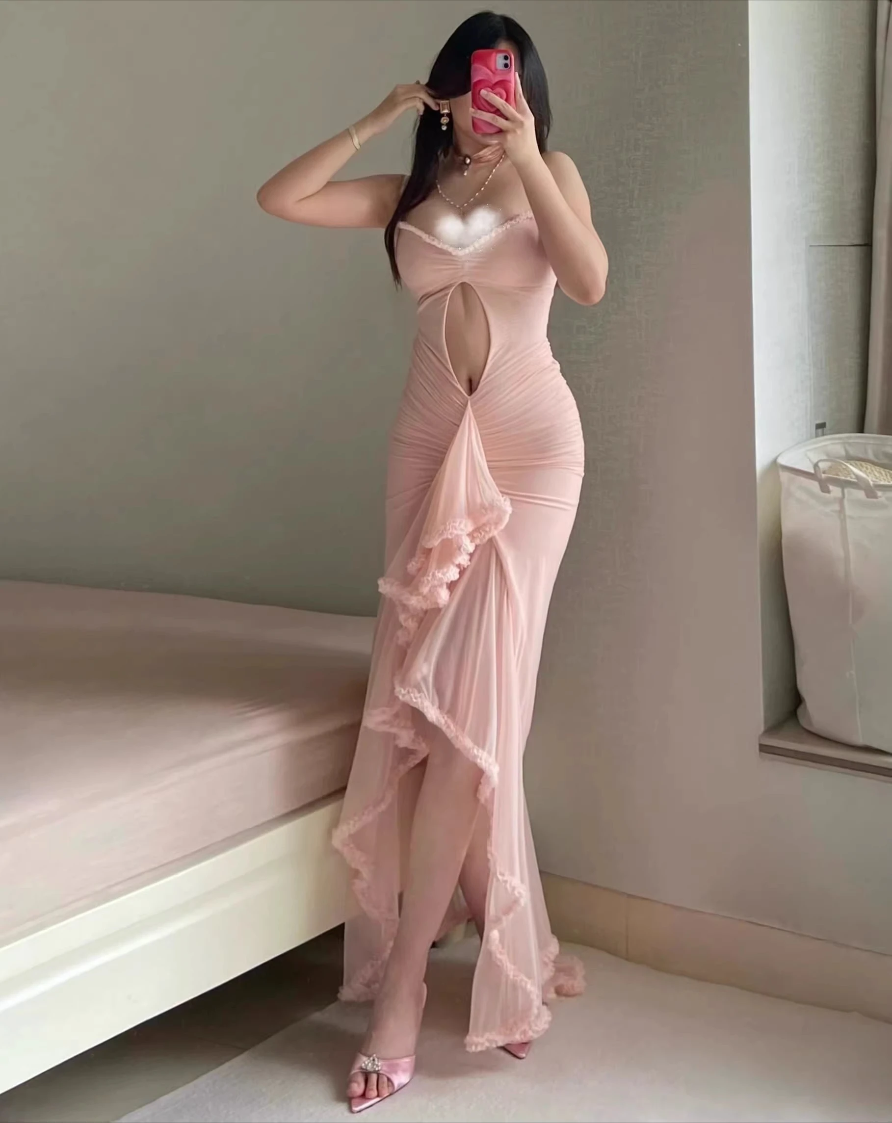 

Pink Ruffles Hollow Assymmey Dress Women Elegant Summer Holiday Party Strapped Vestidos Bodycon Streetwear Clothing Lady