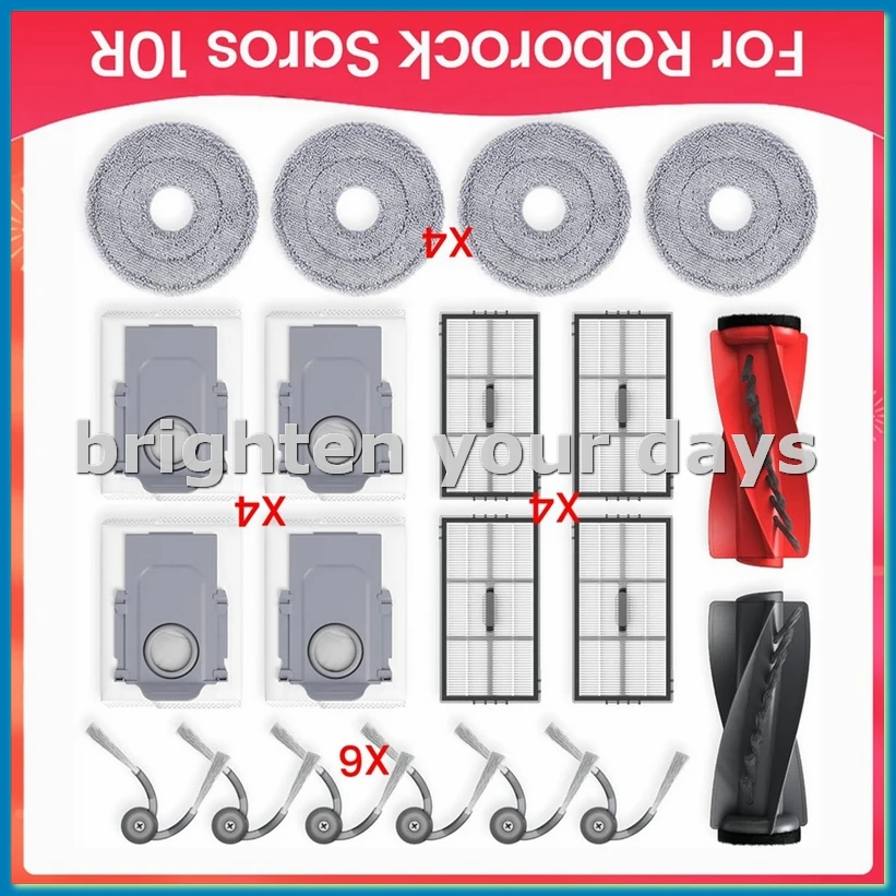 Replacement Accessories for Saros 10R Robot Vacuum, Main Side Brush HEPA Filter Mop Cloth Dust Bags-A63M