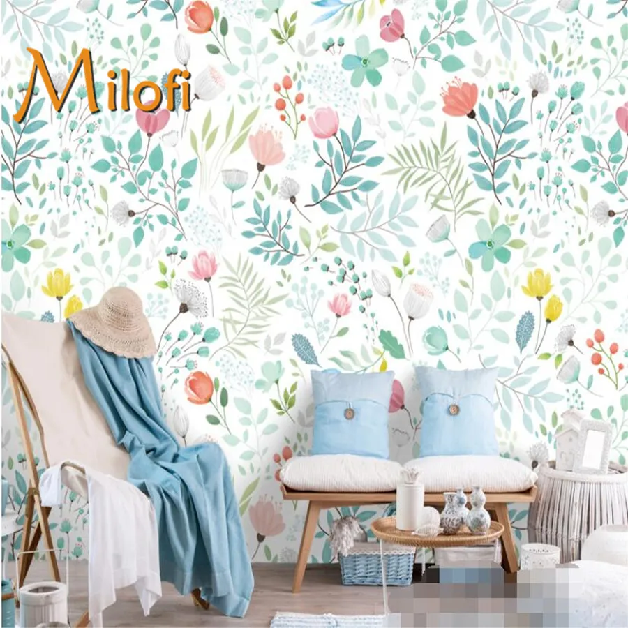 Custom 3D wallpaper Nordic hand painted floral green pastoral wall covering living room bedroom wall mural